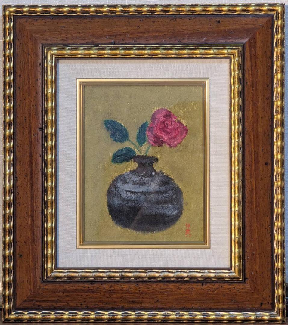 【真作】絵画　小口卓也　油彩0号　ばら　静謐な佇まいの静物画　箱・黄袋入　Y63 油絵の絵画で小口卓也が描いた柿の絵の油絵「かき」をご購入