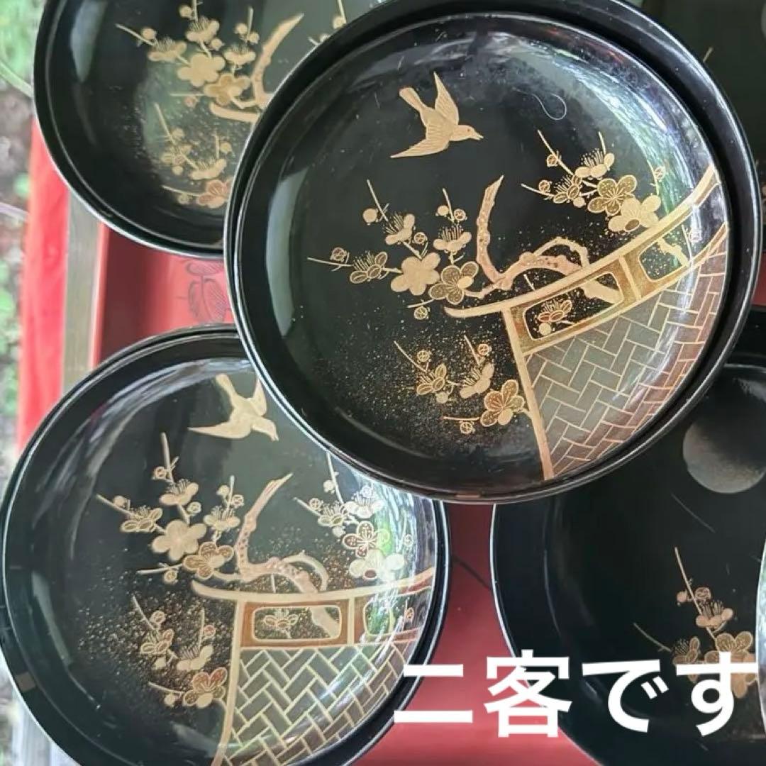 2236様感謝‼️JAPAN明治伏せ蒔絵天然木秘するが花‼️梅に鶯＆月　吸物椀 5客