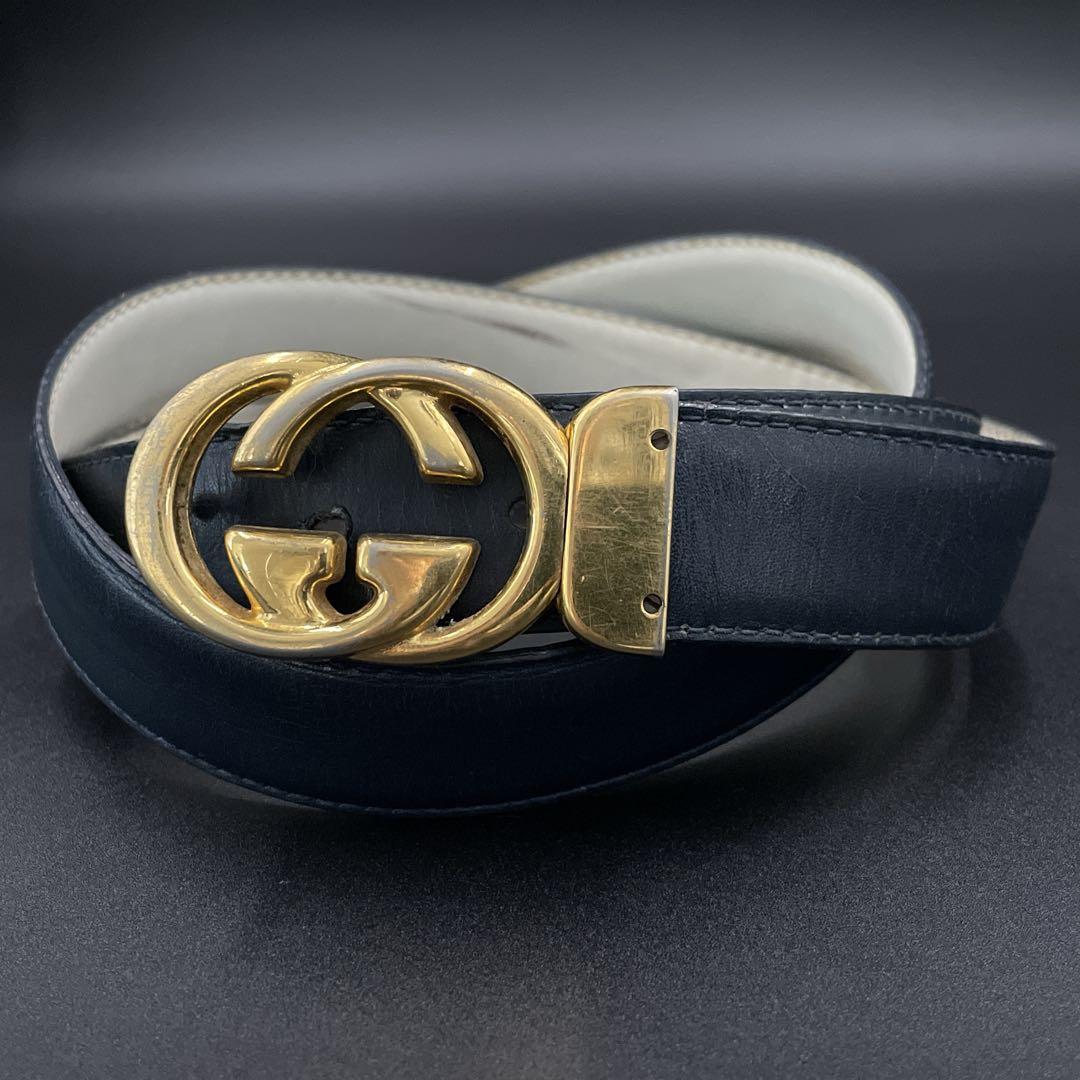 オールド　グッチ　GGロゴ　インターロッキング バックルベルト　ネイビー　メンズ