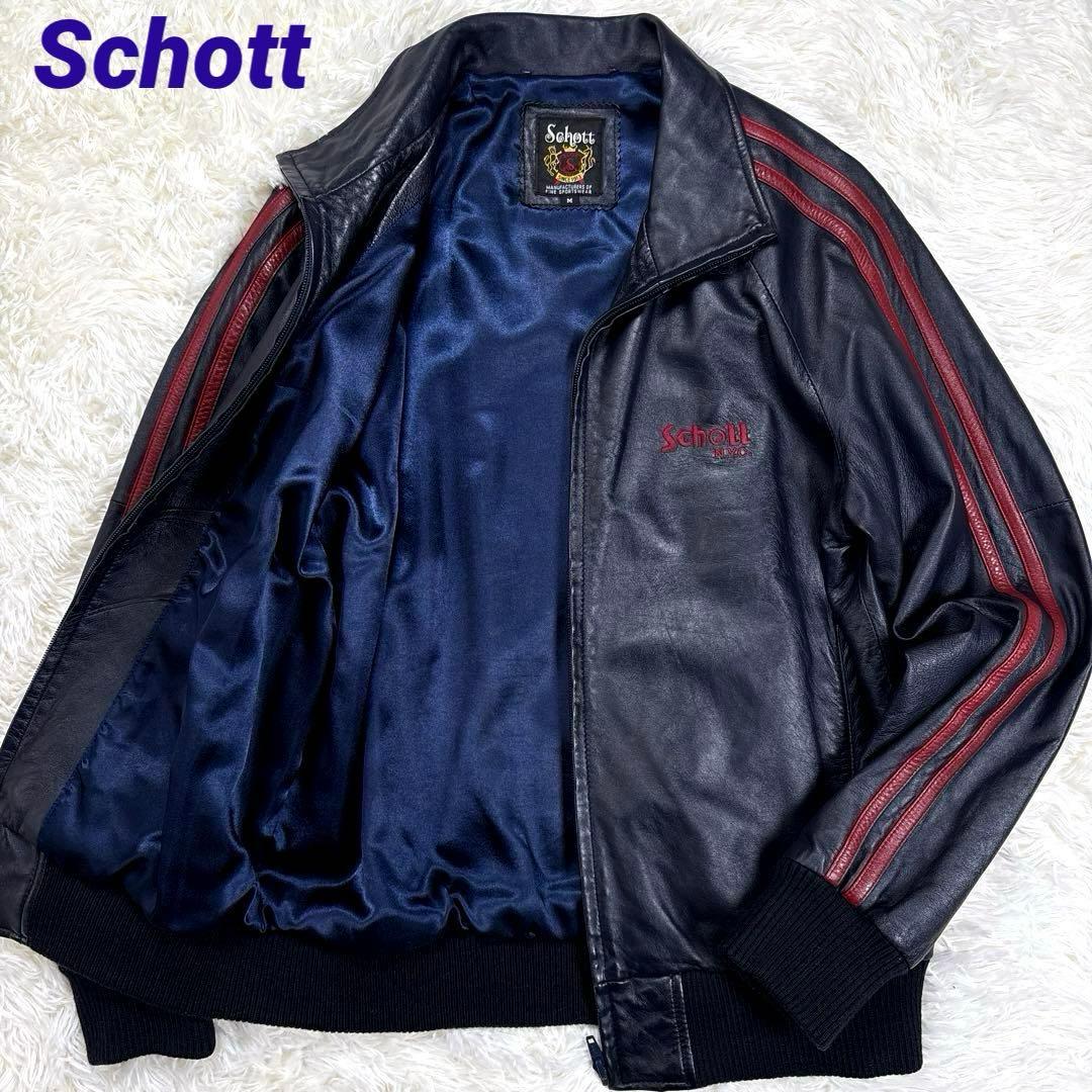 ✨希少・ラムレザー✨ショット　トラックジャケット　トラッカー　ロゴ刺繍　濃紺　M