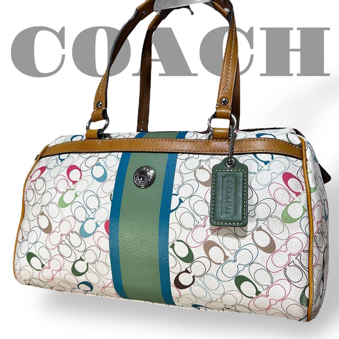 美品　コーチ　ミニボストンバッグ　シグネチャー　マルチカラー　PVC レザー