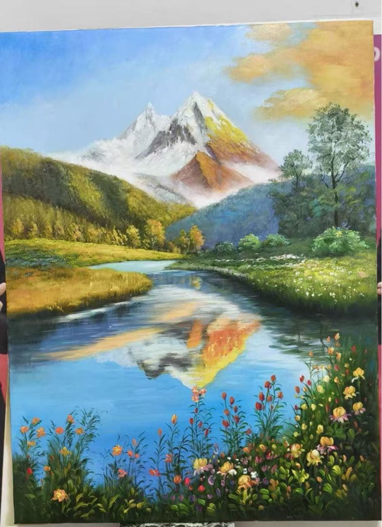 風景画 油彩 山と川の風景)&