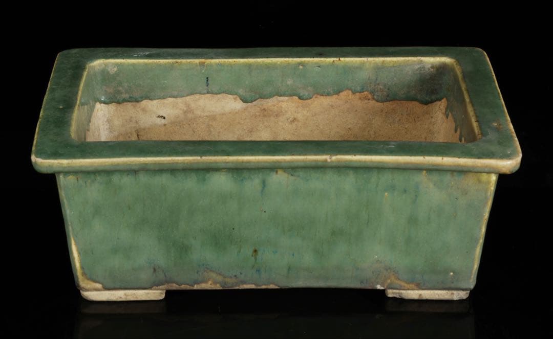 中国古盆器 緑釉外縁長方鉢 盆栽鉢 重厚時代鉢 中国古美術 古陶磁 骨董 古美術