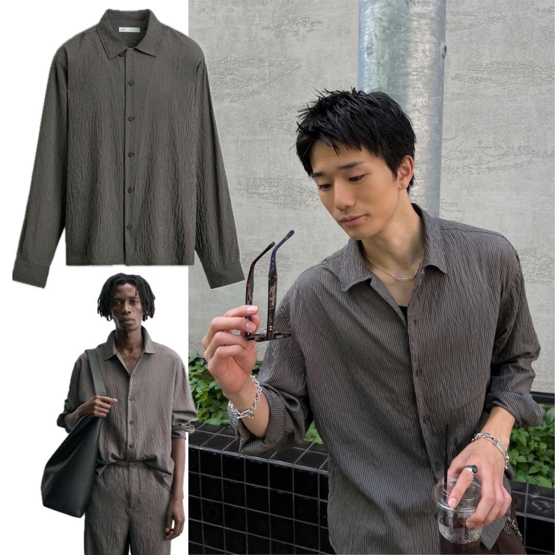 範*郎様 新品 ZARA しわ加工ストライプ柄フルイドシャツ S グレー