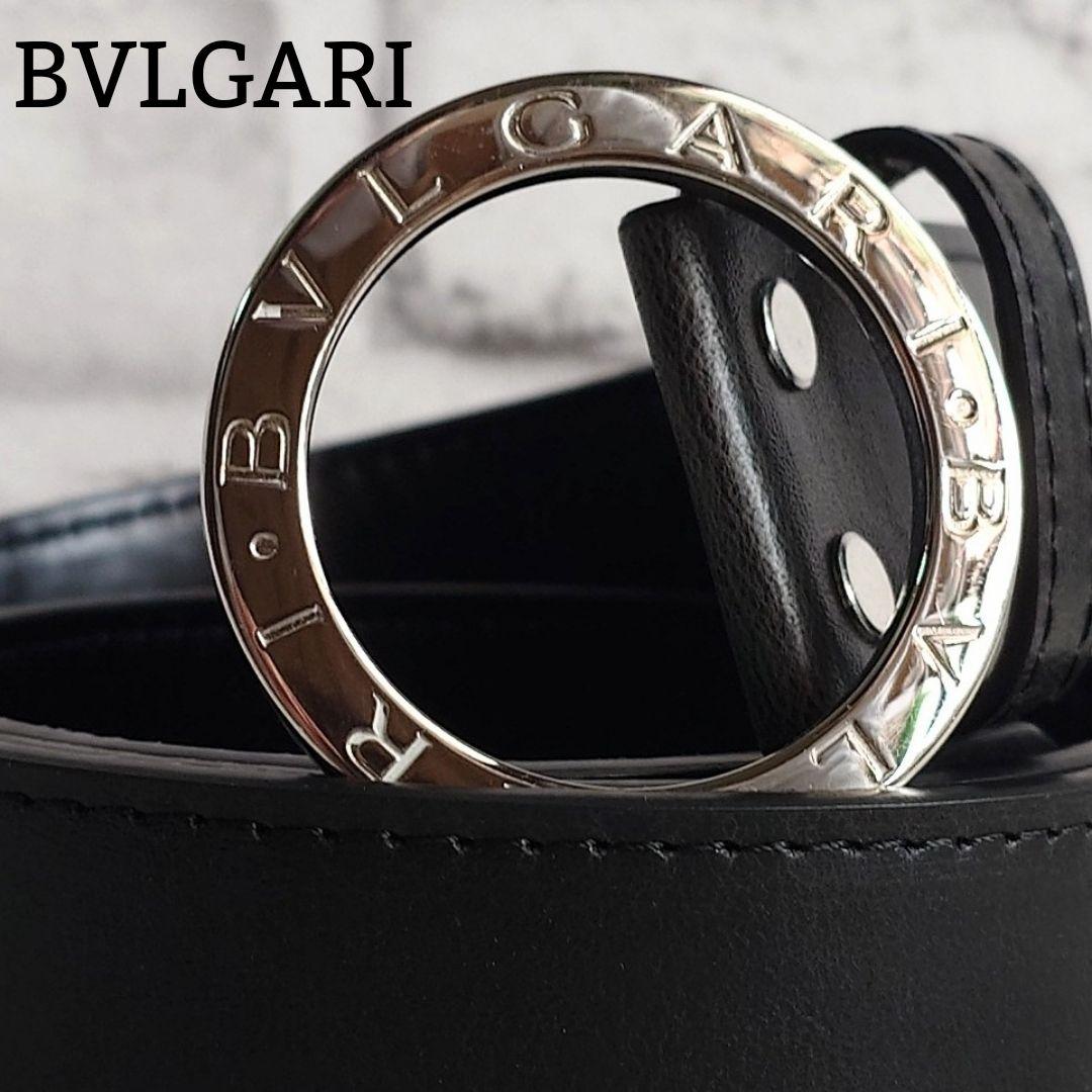 ブルガリ シルバー バックル レザーベルト 黒 サークルロゴ メンズ 刻印 革
