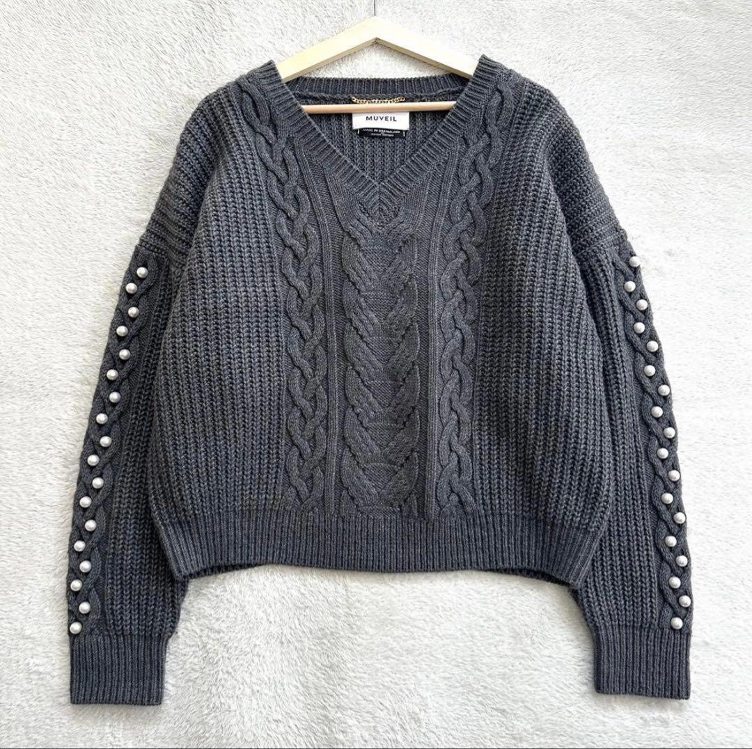 美品 MUVEIL パール袖 ケーブル編み ニット セーター Vネック 38
