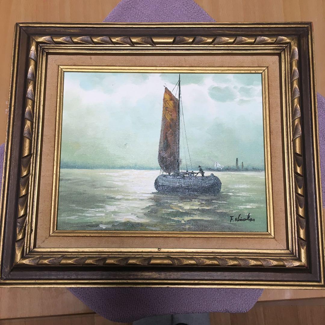 1089 絵画 油絵 F. Nicolas 帆船 ヴィンテージ帆船の絵画、夕焼けの海景アート（デジタルダウンロード