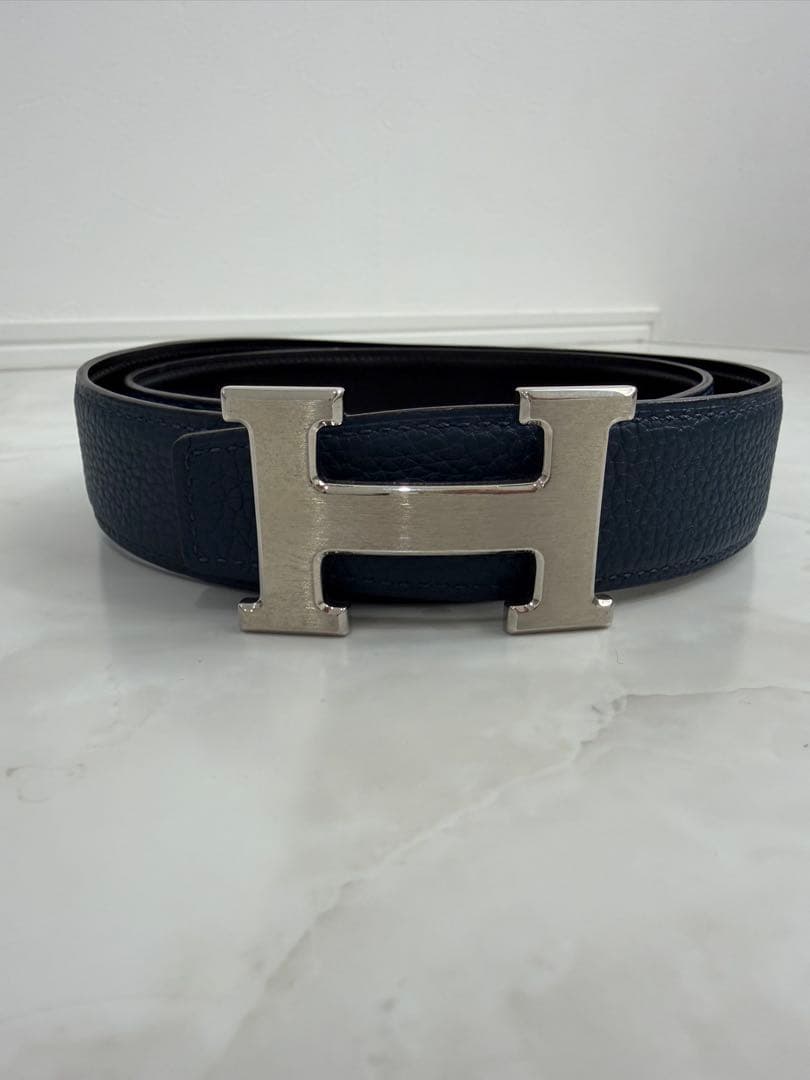 HERMES ネイビー レザー Hバックルベルト