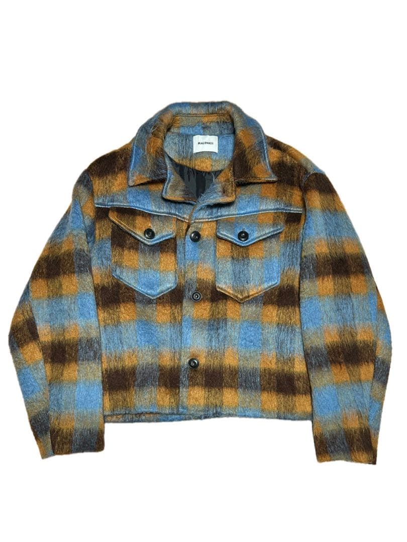 腰*痛様 MALENKII シャギーオンブレチェックアウター 水色×ブラウン 短
