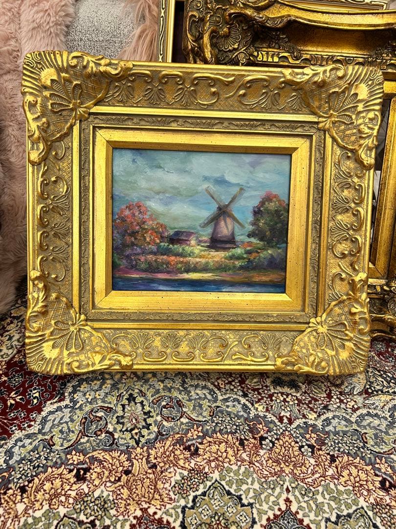 風車の油彩画 金色フレーム付き レトロな豪華装飾付き金色木製額縁 フレーム (油彩額縁) 油絵F4/4号