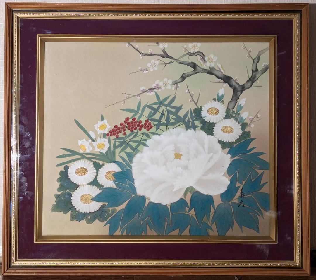 【真作】絵画　日本画10号　春の吉祥花図　白牡丹と梅の彩り　Y56