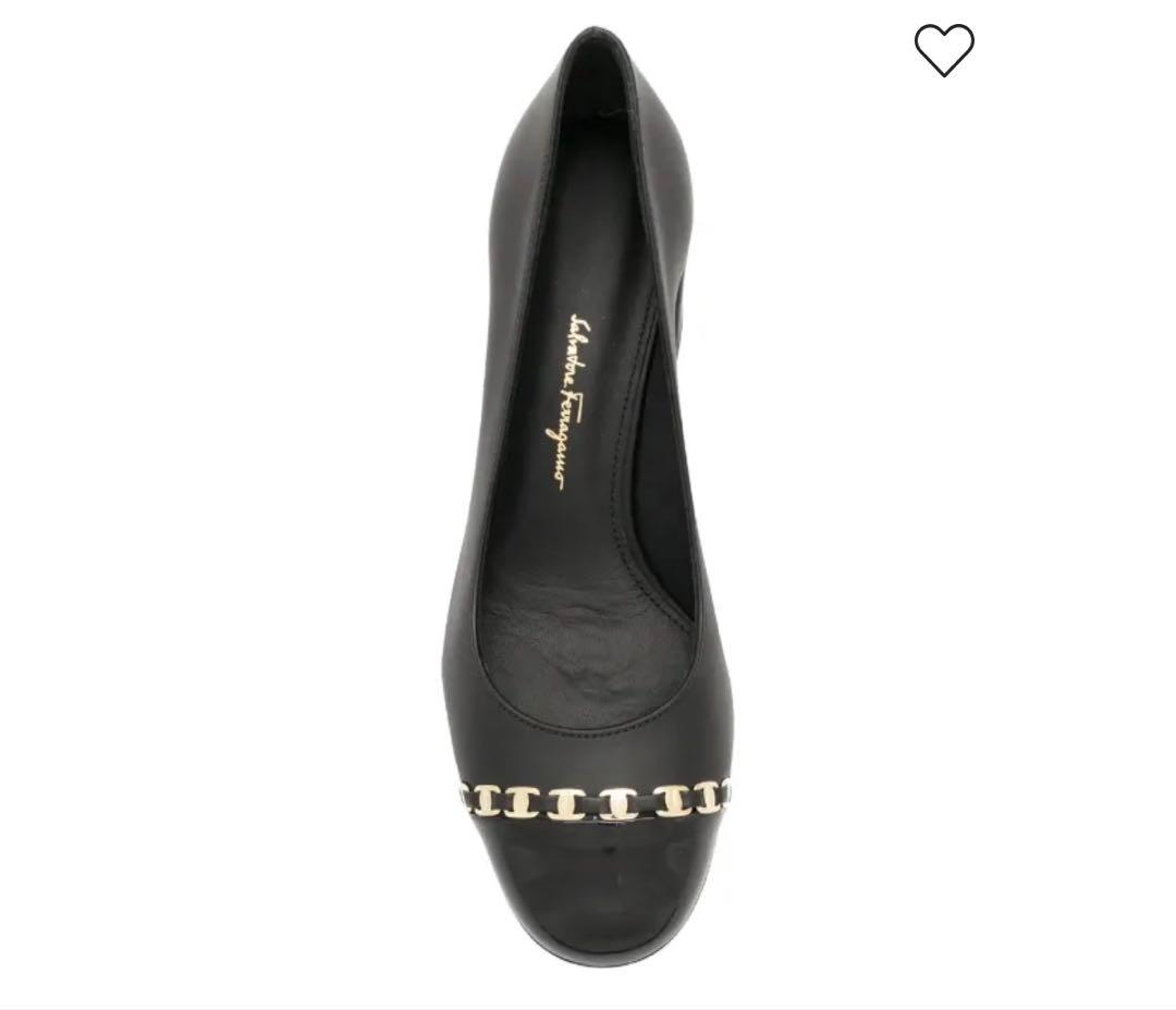 フェラガモ チェーン パンプス 黒 レザー ゴールド金具 23.5cm