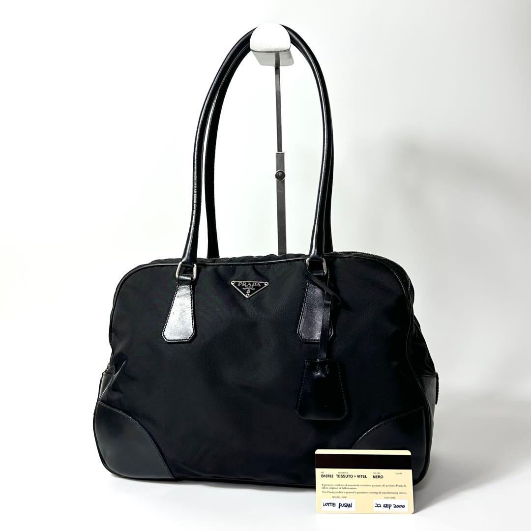 00AW PRADA レザーナイロンボストンバッグ 黒 3角ロゴ