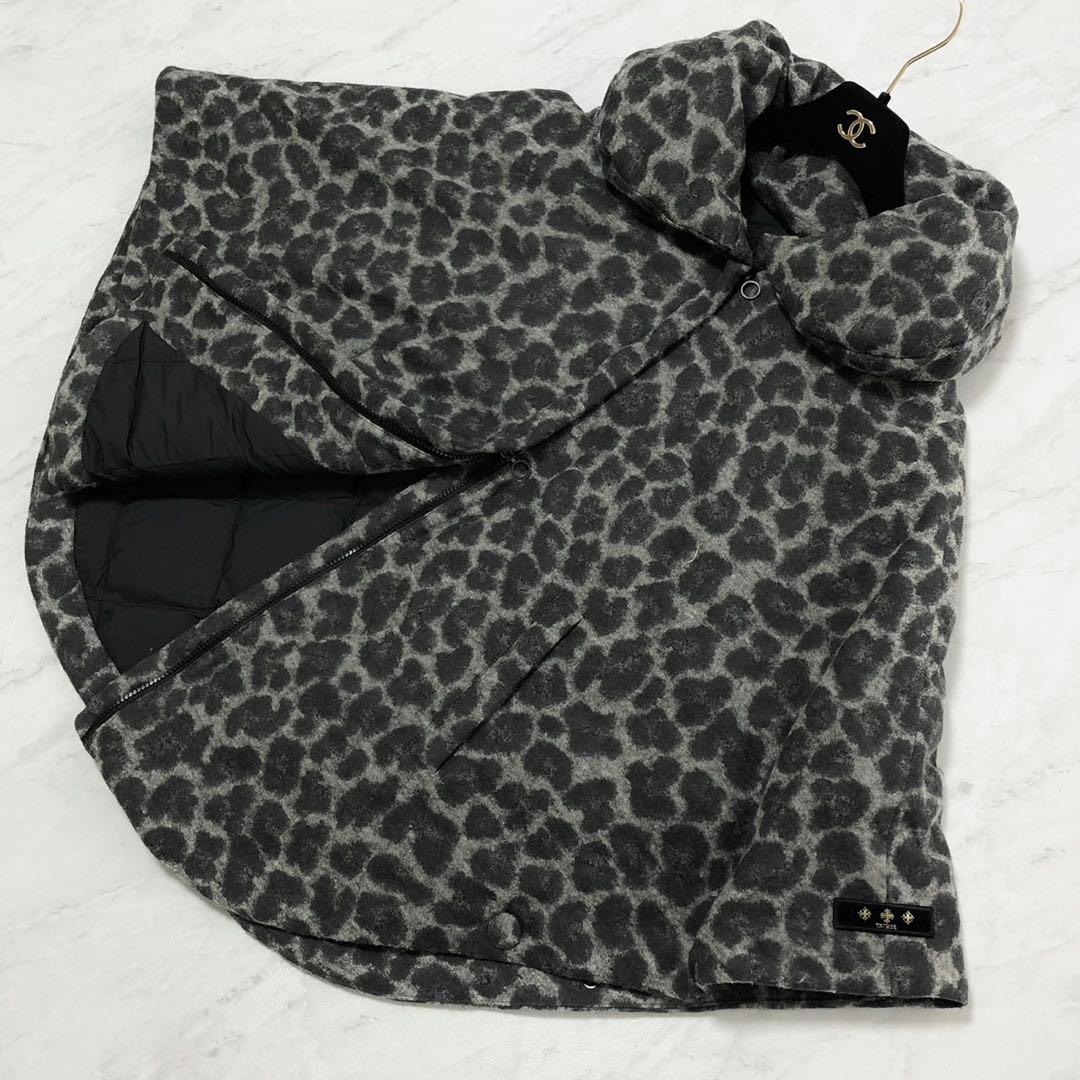 【美品】TATRAS ダウン ポンチョ レオパード ロゴ グレー ケープ 02