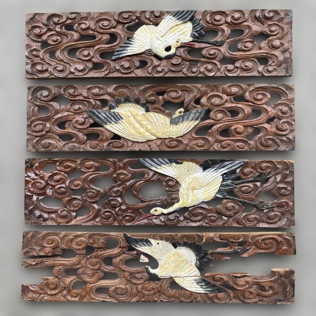 木彫4枚セット　鶴　枡合　狭間　懸魚　連子　欅　龍　武者　だんじり　骨董　太鼓台