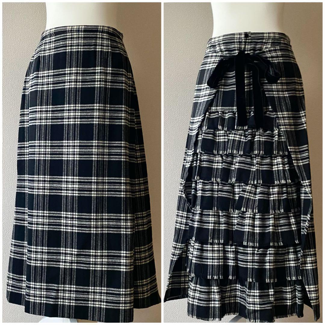 ピンクハウス　ウール　バックティアードスカート　チェック　リボン　黒