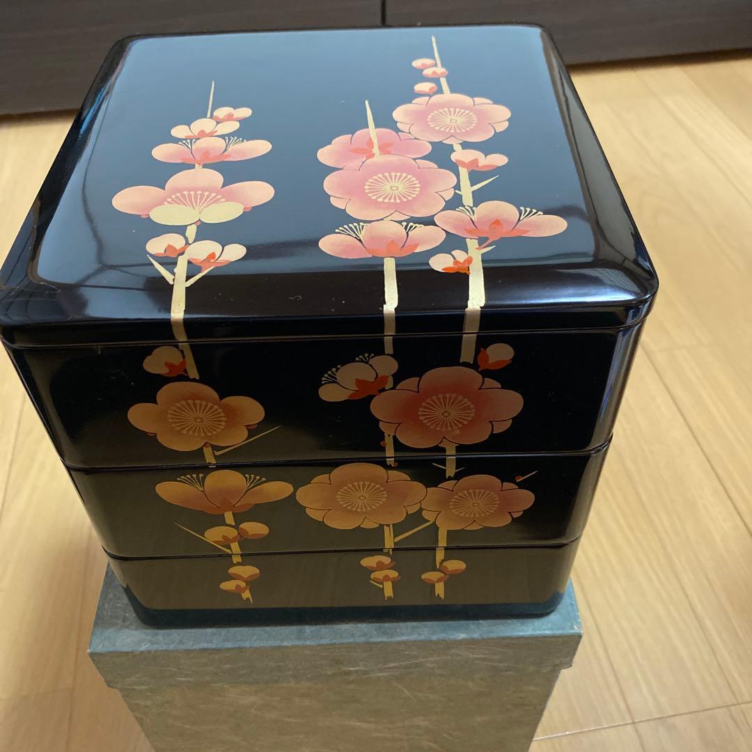 天然木 本重箱 うるし塗装　八重梅