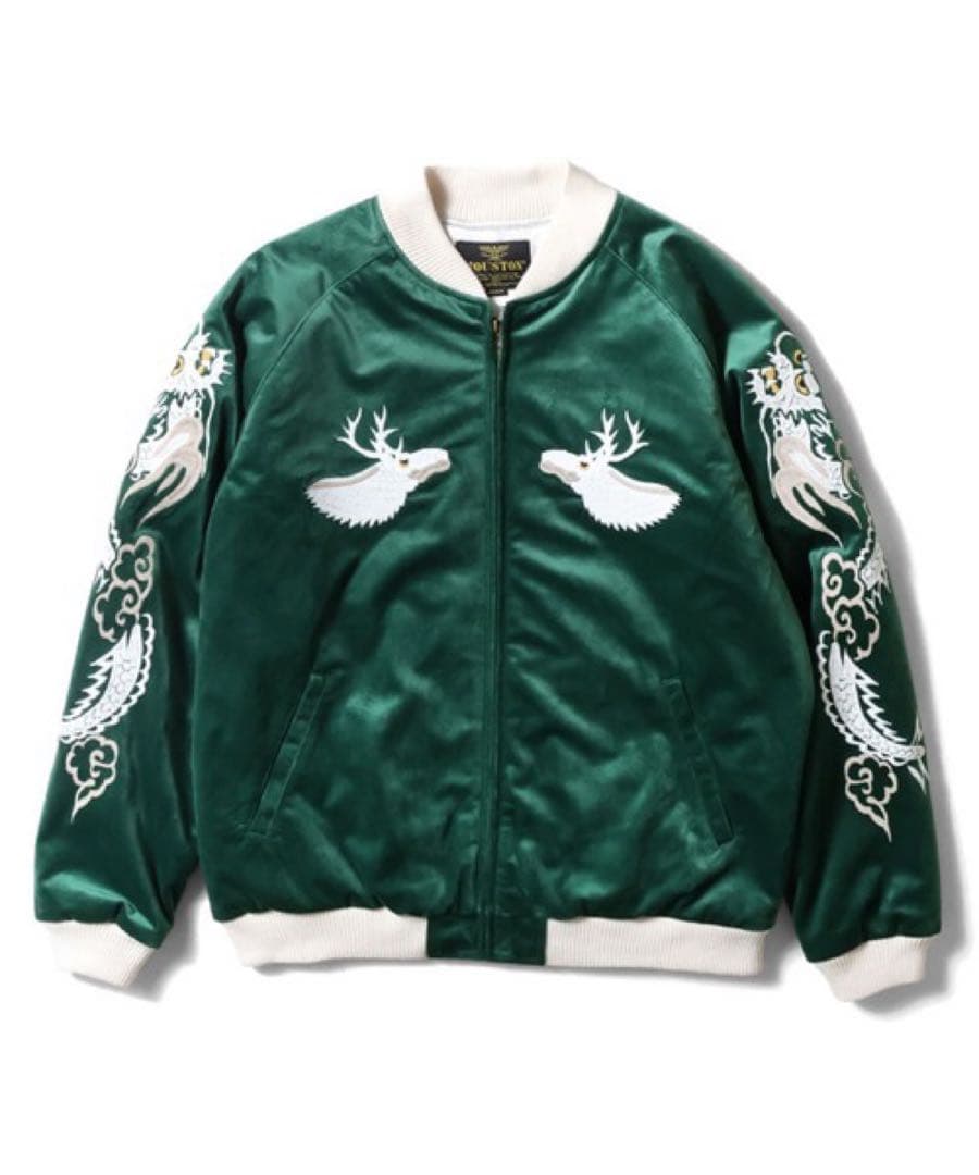 HOUSTON別珍スカジャン DEER柄 XL グリーン