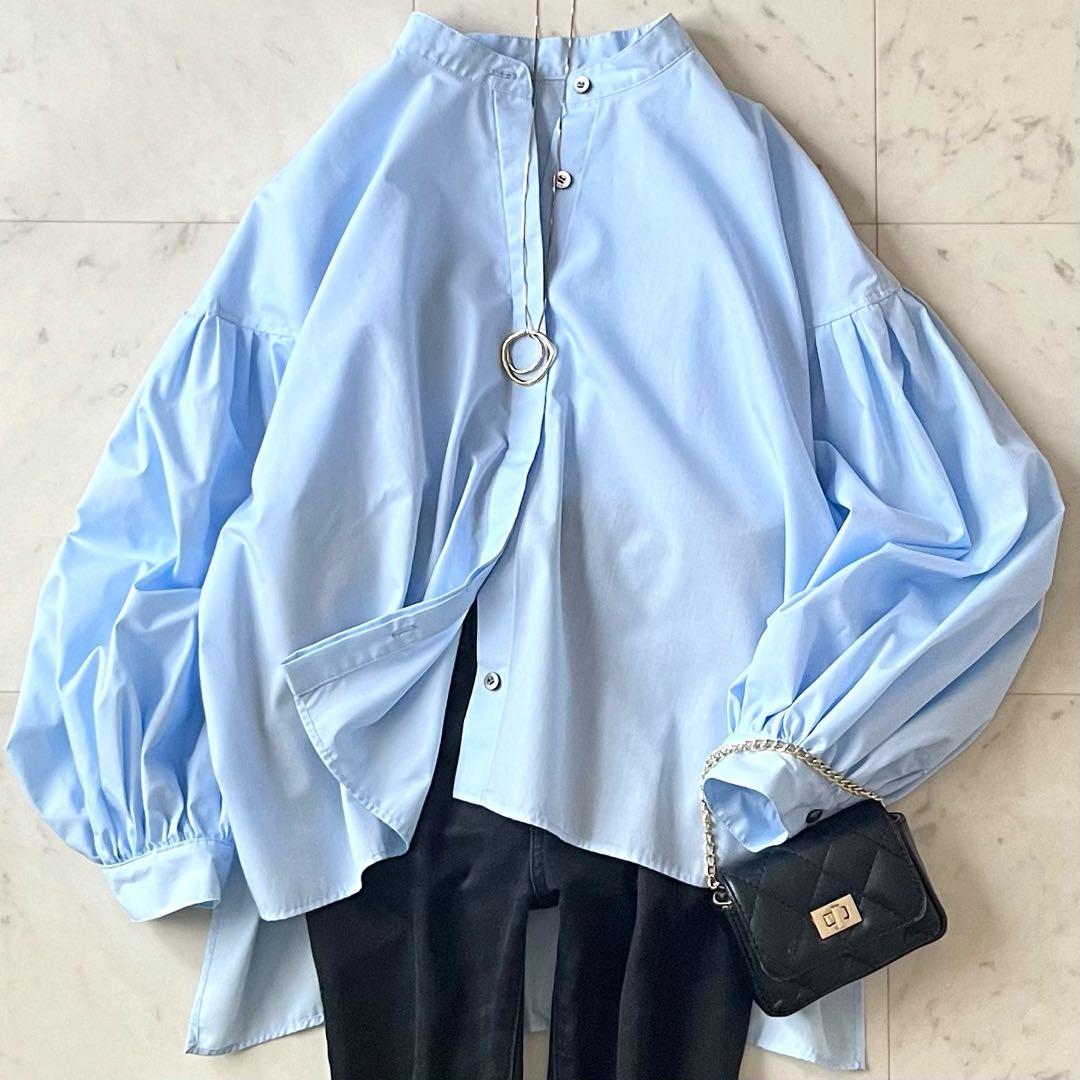 極美品♪ルフィル バックギャザーバンドカラーブラウス F ブルー ボリューム袖 タイプライターギャザーブラウス | LE PHIL（ル フィル） ｜【公式