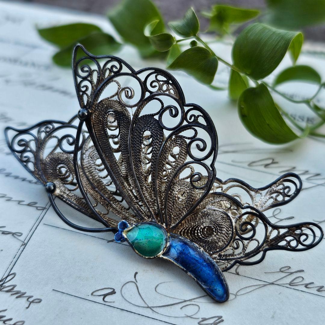 267 蝶々 銀線細工 ヴィンテージブローチ 中国七宝 フィリグリー