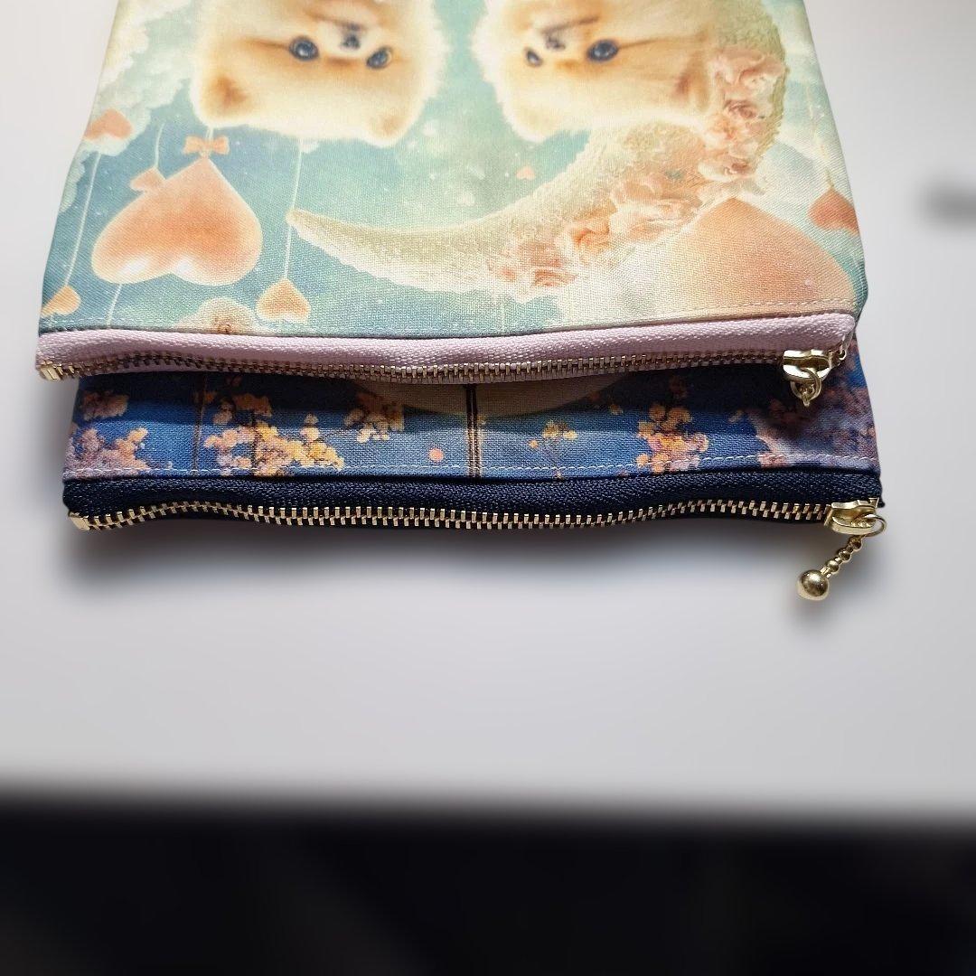 激レアポメラニアンパネル生地 ハンドメイド フラットポーチ