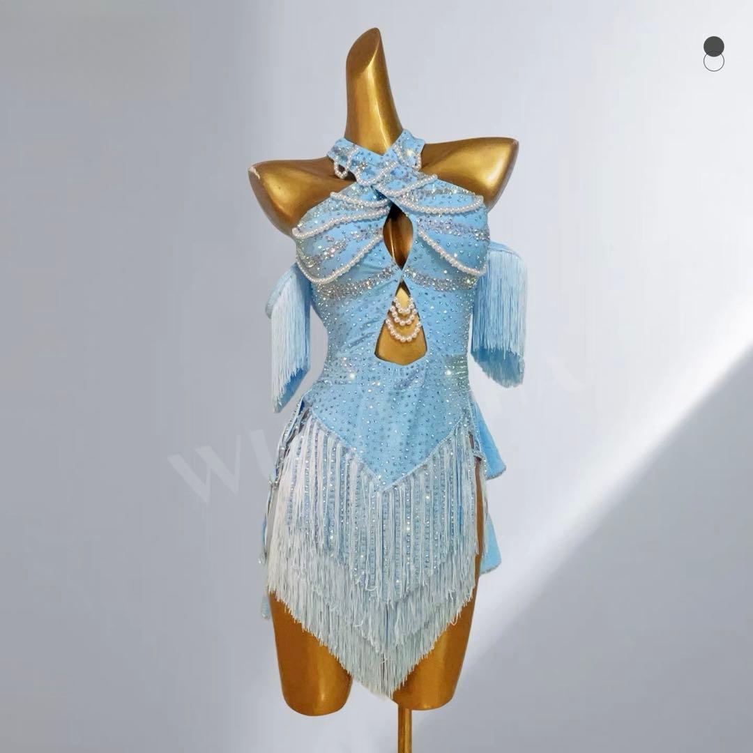 ラテンダンス衣装 水色 フリンジ付き ラテンドレス 競技会・発表会