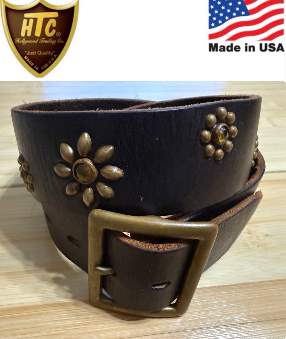 美品⭐️HTC⭐️アンバー石⭐️フラワーベルト⭐️Dブラウンレザー×ブラススタッズ⭐️34