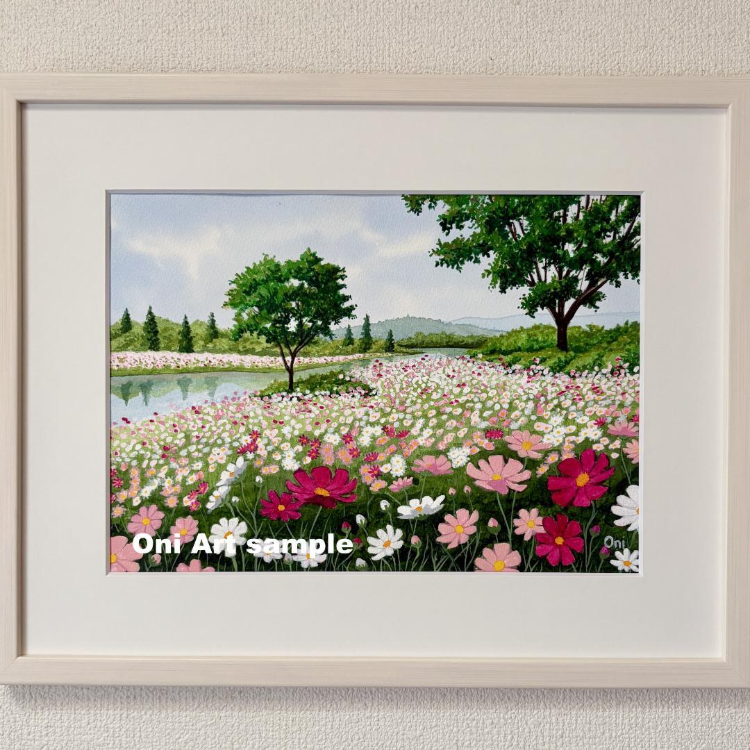 透明水彩画　原画　「コスモスの川辺」額縁付き　F4サイズ　風景画 秋の水面」透明水彩画 原画 風景画 額縁付 F4サイズ 絵画 Oni 通販