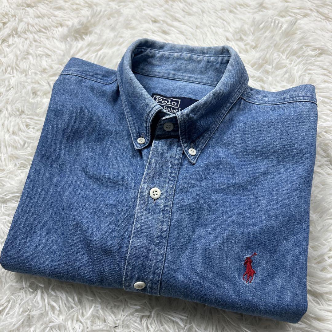 定番 ラルフローレン デニムシャツ 赤刺繍 ポニー L ビッグサイズ 90s