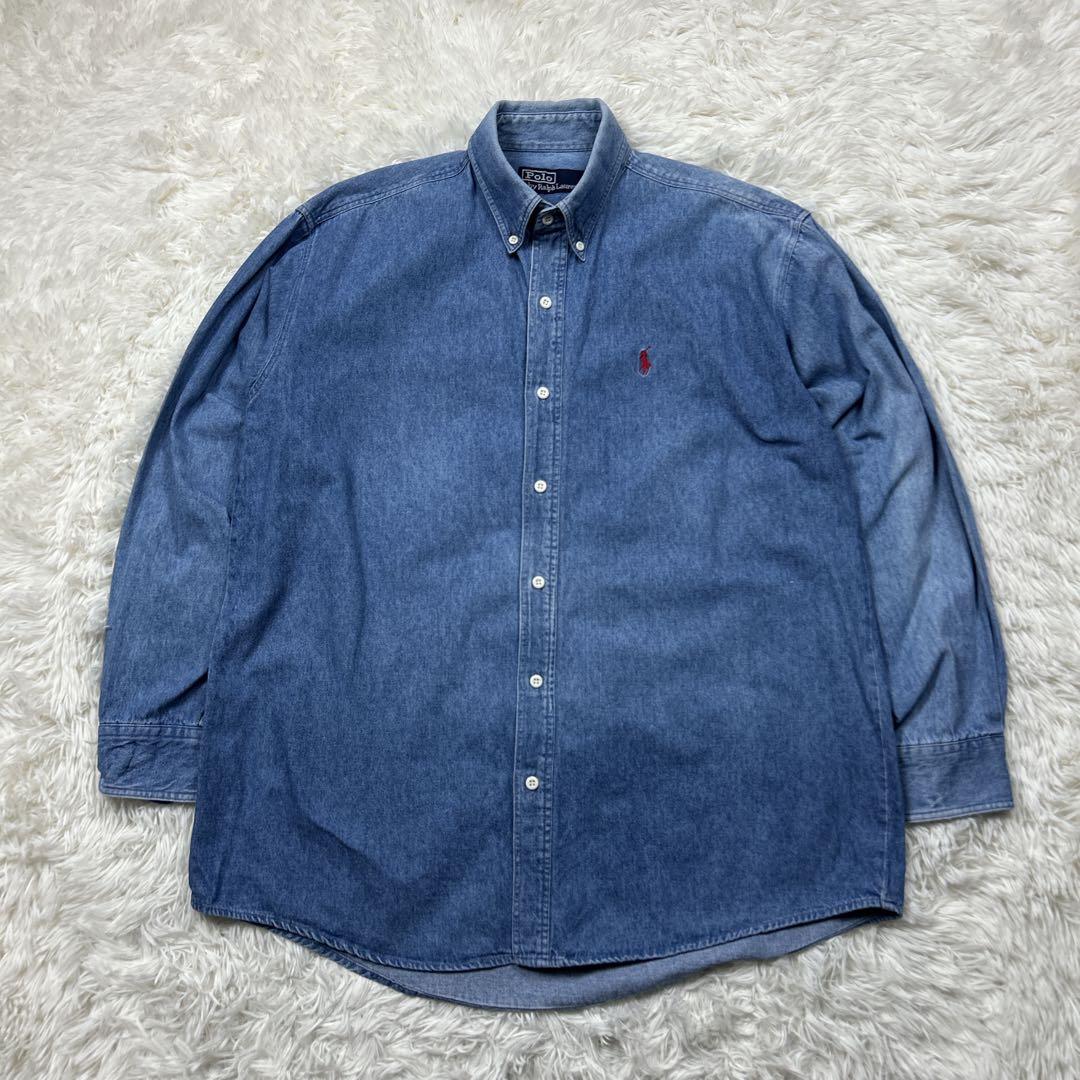 定番 ラルフローレン デニムシャツ 赤刺繍 ポニー L ビッグサイズ 90s