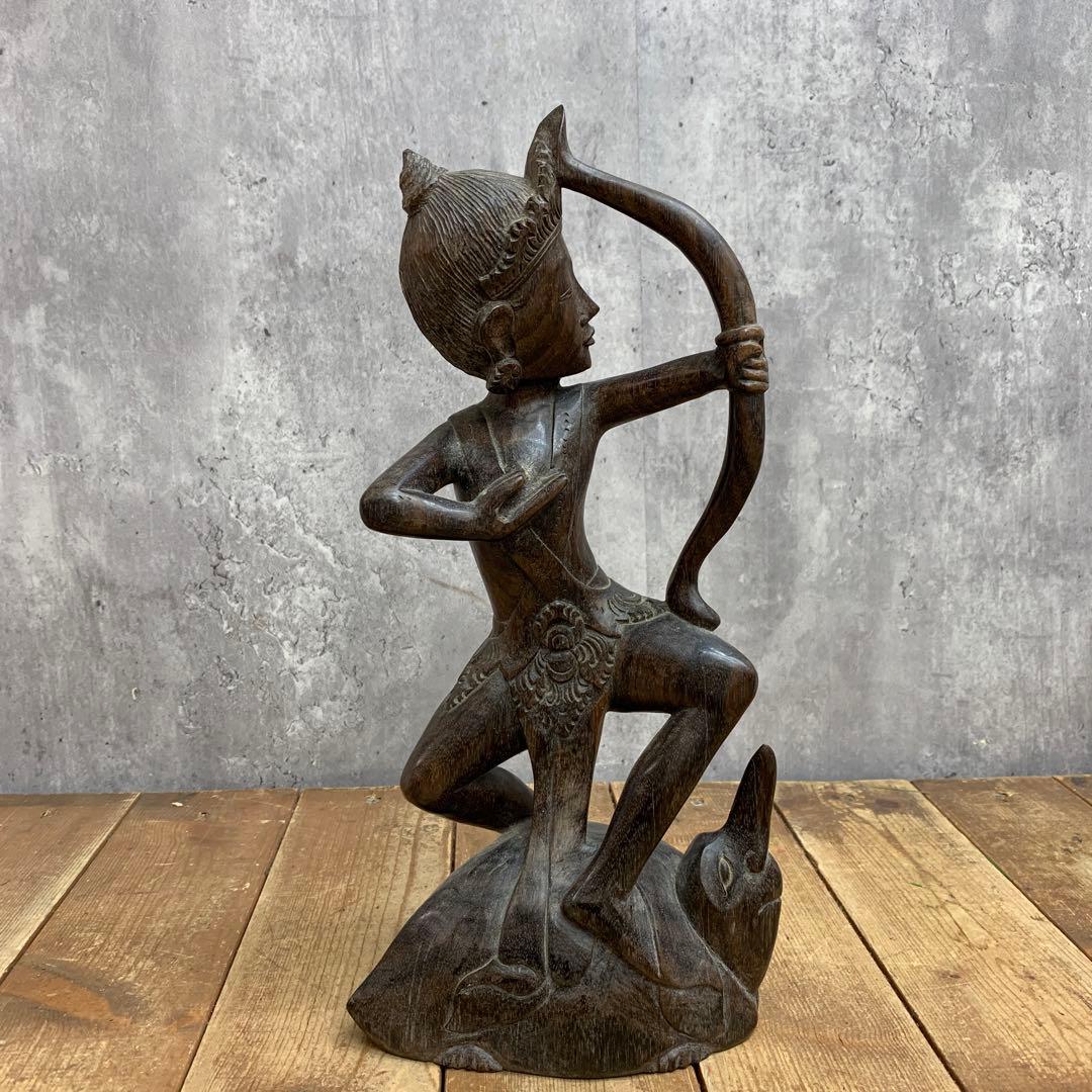 4F 【希少】ヴィンテージ 木彫り 彫刻像 アルジュナ 弓矢 置物