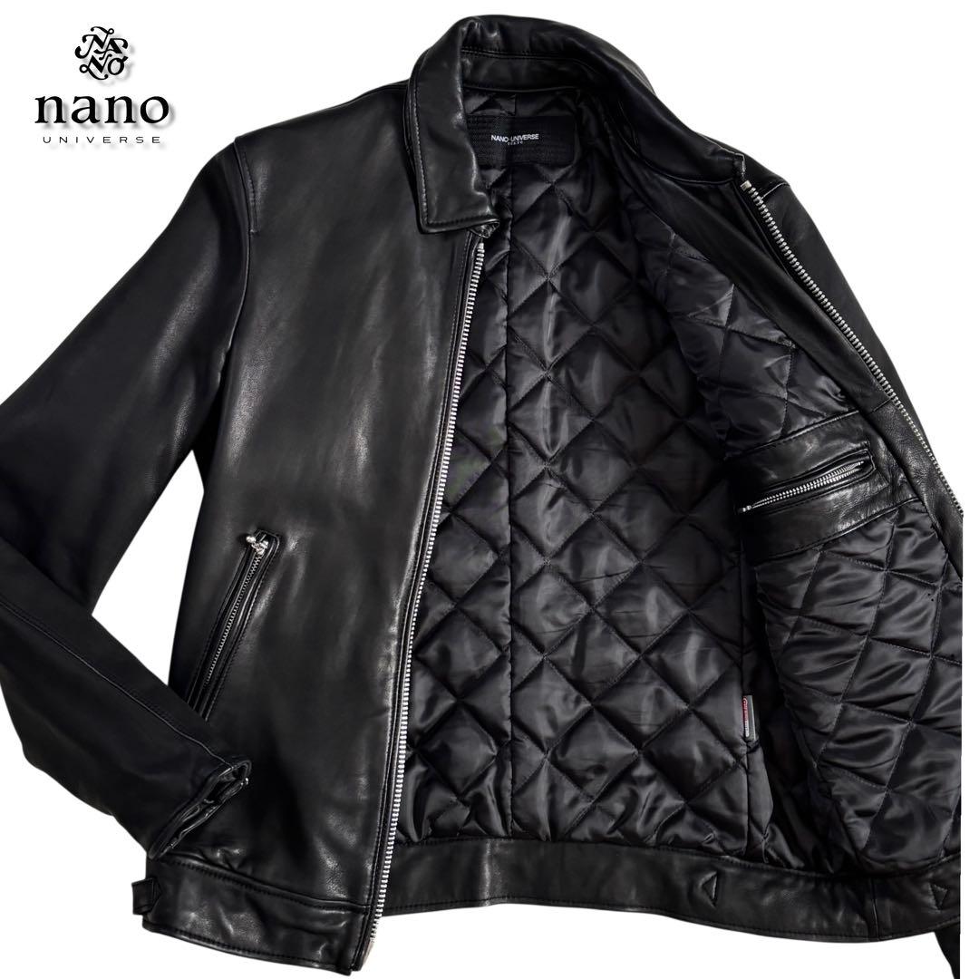美品 ナノユニバース 羊革ライダースジャケット シングル L キルティング 中綿