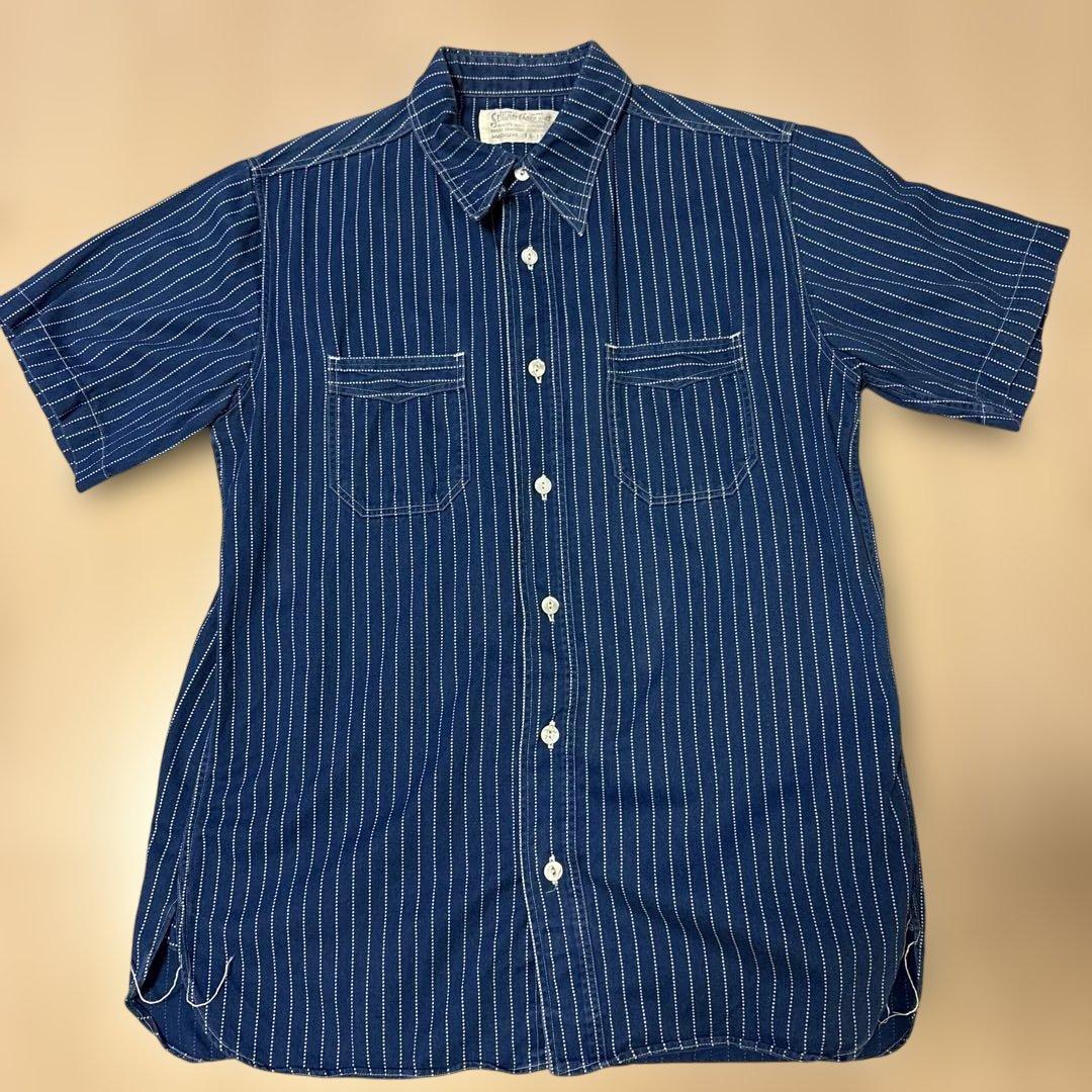 used☆東洋☆シュガーケーン☆ウォバッシュ半袖シャツ☆M☆紺