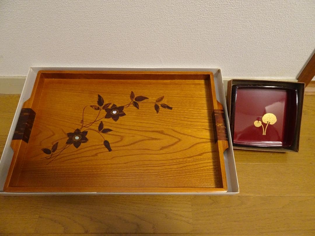 桜皮細工 長盆（欅材の桜皮貝入鉄仙）＆　桜皮細工角鉢　2個セットno-10