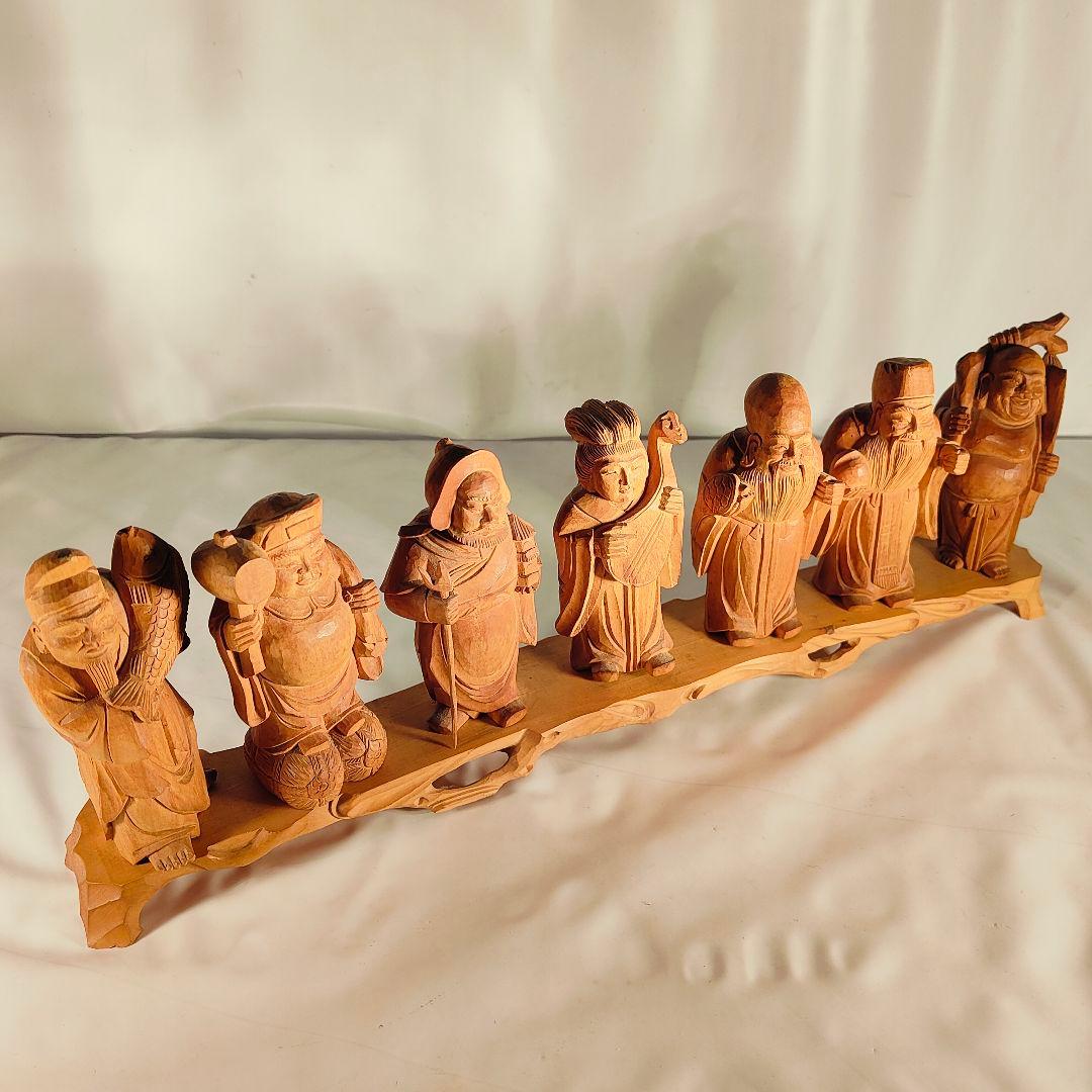 高級 一刀彫 七福神】銘木 木彫り置物 7体セット 天然木台付き 正規品