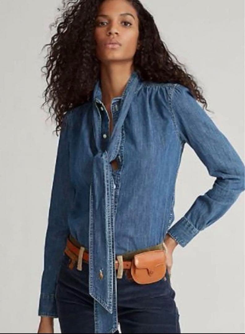 ポロラルフローレンボウタイ ブラウス ポニー刺繍 リボン デニム M