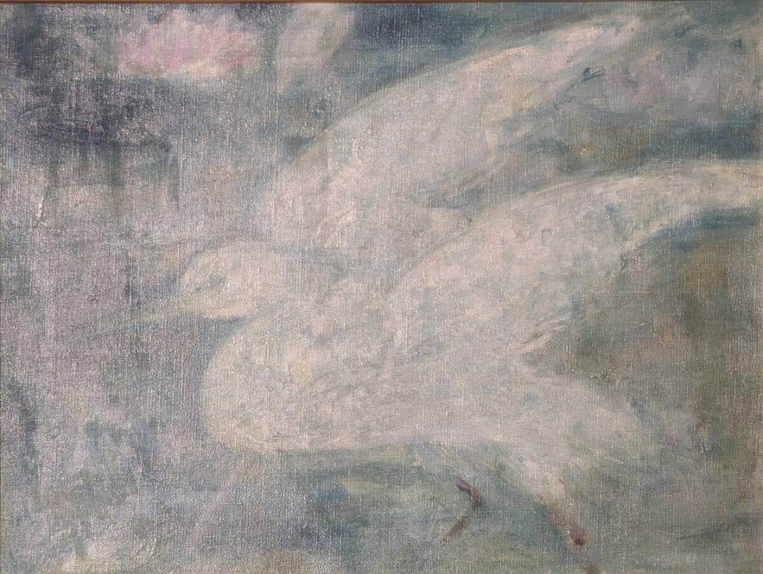 【真作】絵画　浦久保義信　油彩　青の調べに舞う白き鳥　幻想空間の飛翔　Y179