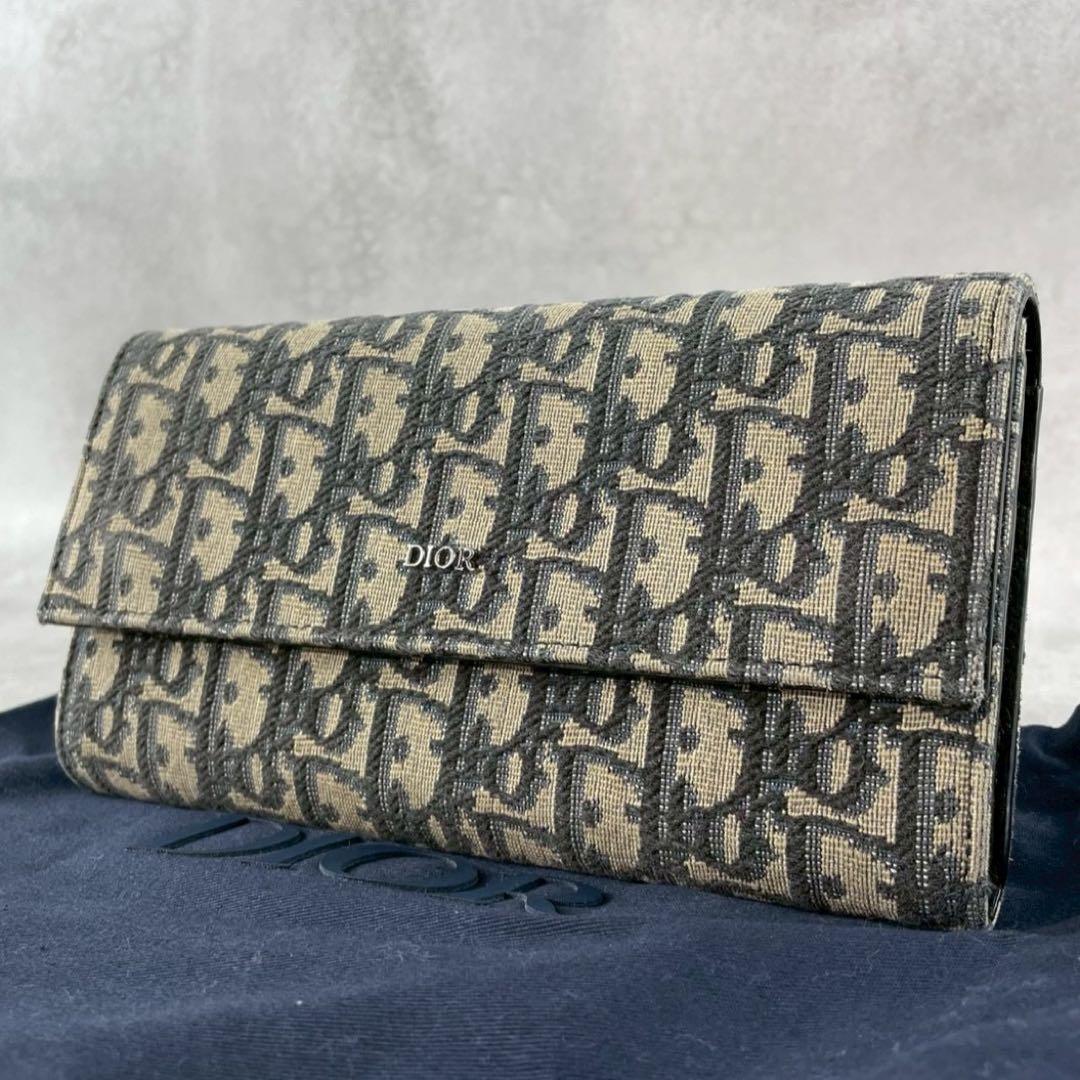 【美品】ディオール 長財布 オブリーク ラウンドファスナー ジャガード 紺色