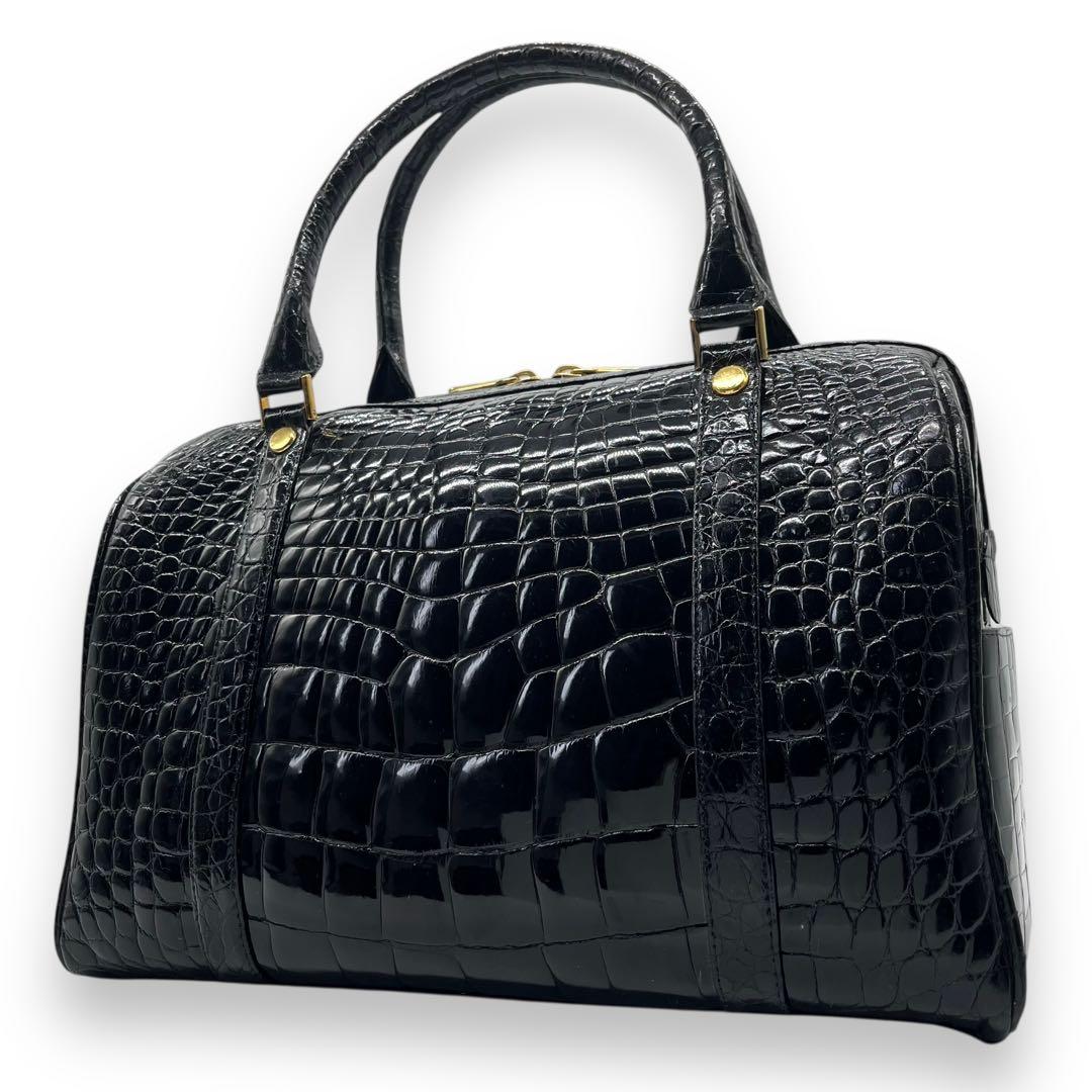 シャイニングクロコ 鰐革 センター取り ボストンバッグ ブラック 光沢加工