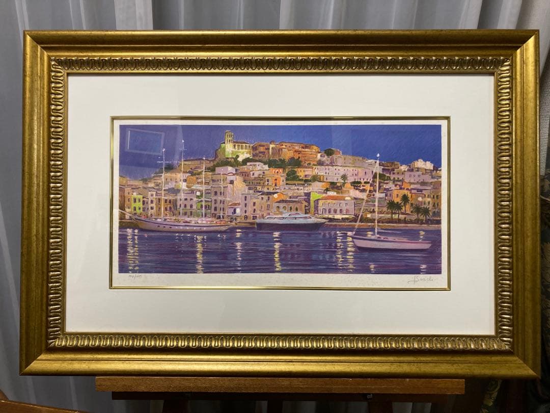 リトグラフ 夜の港の風景画【Ｆ・ボッシュ】 スペイン人気画家 額装 箱有り