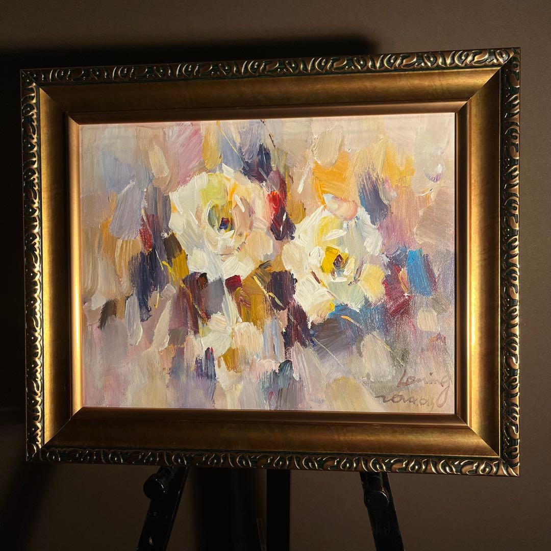 ★秀作★手書き油絵 白花 額付 絵画 インテリア 油彩画