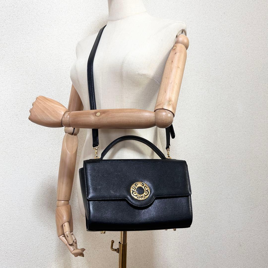 A940 美品 ハナエモリ 2WAY レザー ハンドバッグ 濃紺 金具 - メルカリ