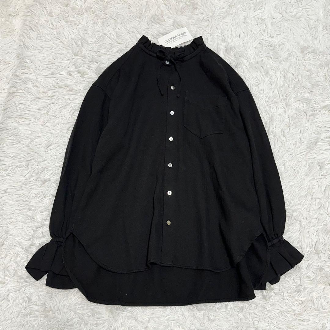 新品✨25年CLOTH&CROSS二重織コットンヘリンボーンフリルリボンブラウス