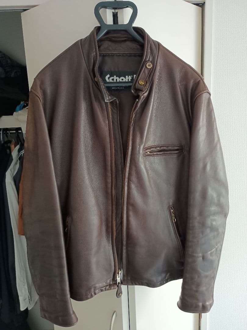 Schott ブラウンレザーシングルライダースジャケット 革ジャン襟付きシングルライダース（牛革）｜革製品専門店レザーハウス
