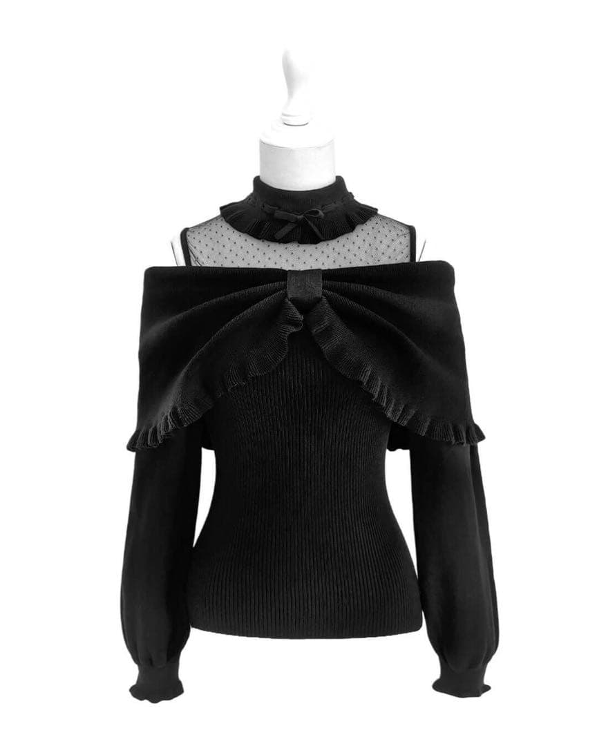 honey mew ハニーミュウ ドットチュール肩あきリボントップス ブラック