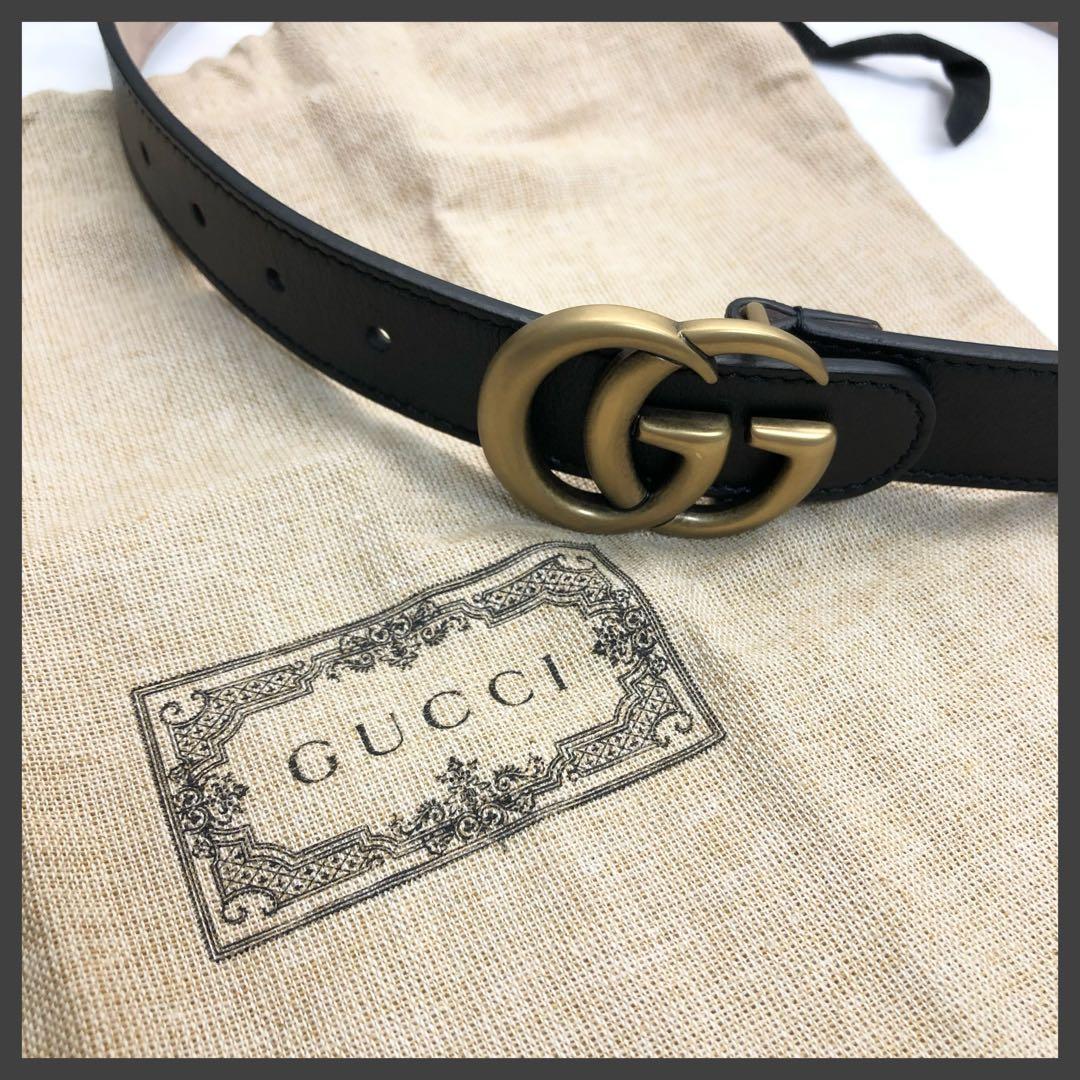 【現行✨保存袋付き】　GUCCI　ベルト　チルドレンズ　レディース　　ダブルG ダブルG リバーシブル スリムベルト ・ブラック＆ホワイト レザー