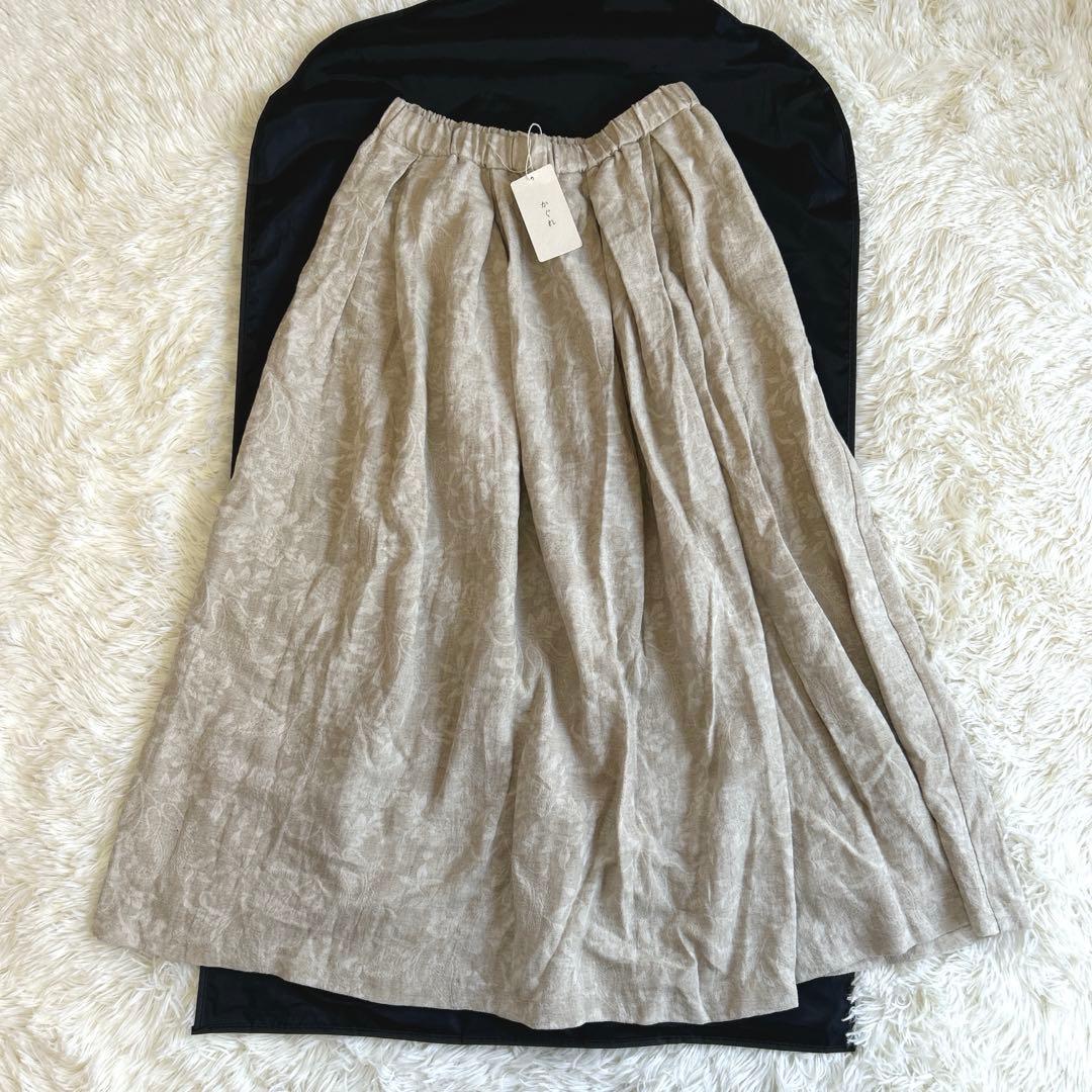 未使用✨かぐれ コットンリネンジャガードスカート フレア リネン 総柄 タック