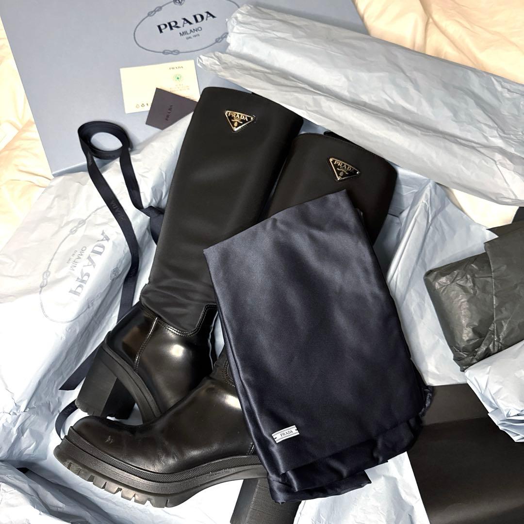 PRADA プラダ レザー×Re-Nylon ロングブーツ ブラック - メルカリ