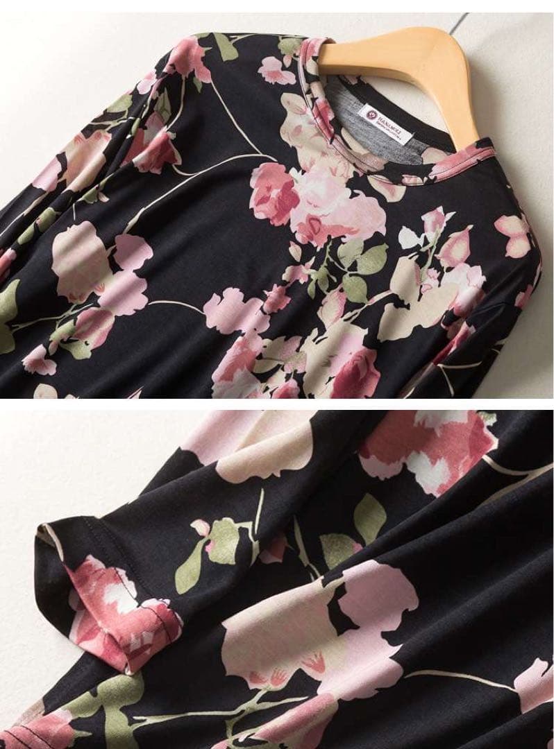 シルク100%絹 美肌保湿 丸首 長袖パジャマ 上下セット F 花柄黒 - メルカリ