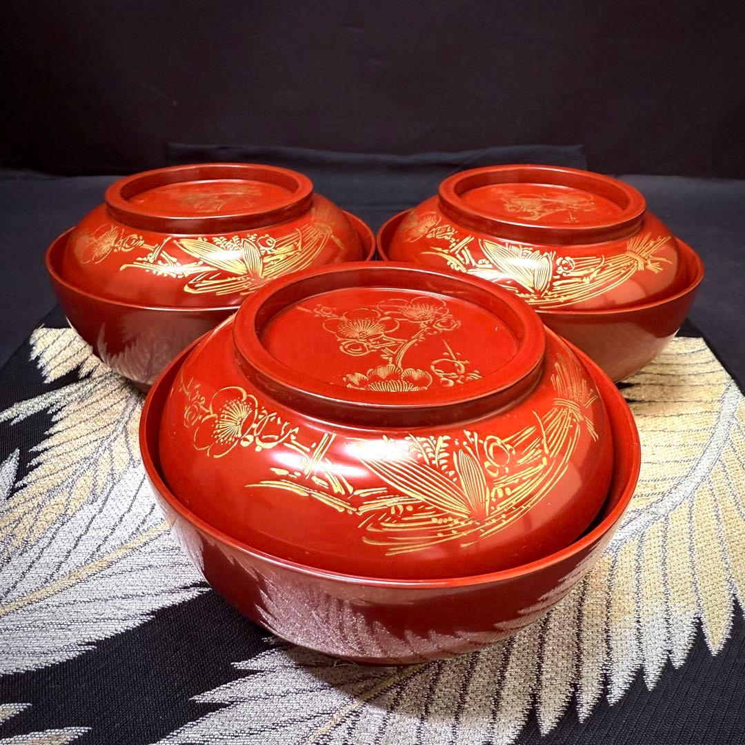 漆器輪島塗 蒔絵金彩細工 牡丹文 沈金木製 蓋付椀 お煮物椀 吸物椀 3客